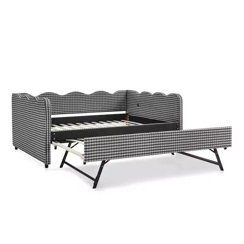 Lit de repos double avec lit gigogne - Tissu en lin à carreaux, tête de lit ondulée et port de charge USB