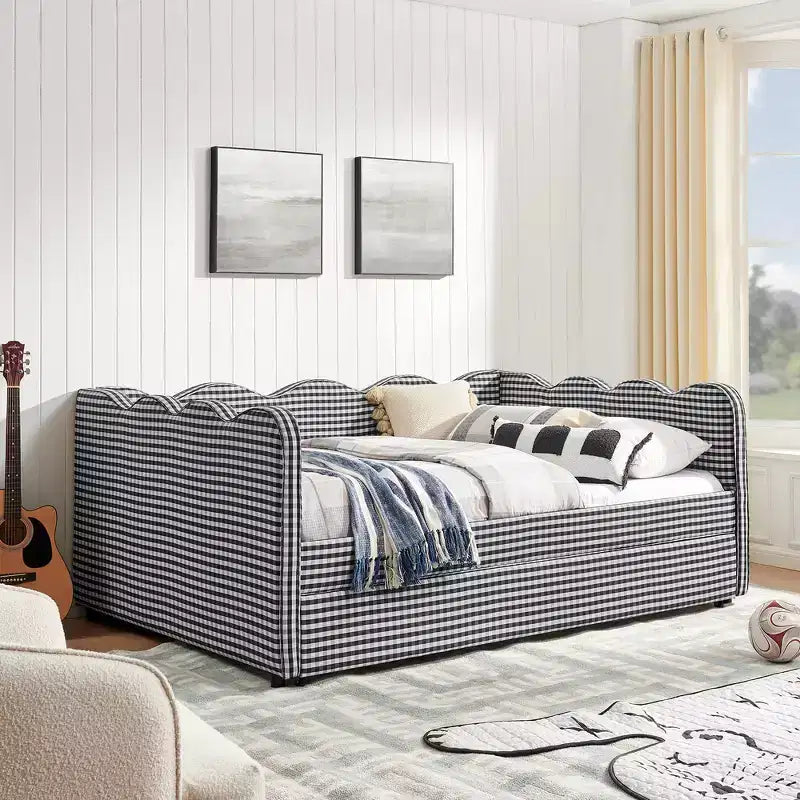 Zeus & Ruta Full Daybed with Trundle - Gingham Linen Fabric, Wavy Headboard & USB Charging Port
