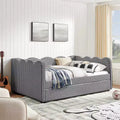 Zeus & Ruta Full Daybed with Trundle - Gingham Linen Fabric, Wavy Headboard & USB Charging Port