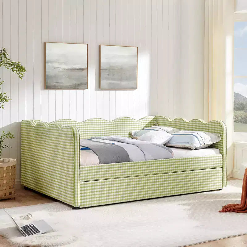 Lit de repos double avec lit gigogne - Tissu en lin à carreaux, tête de lit ondulée et port de charge USB