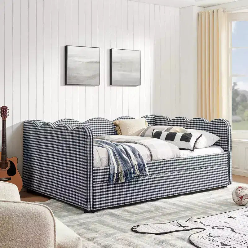 Lit de repos double avec lit gigogne - Tissu en lin à carreaux, tête de lit ondulée et port de charge USB