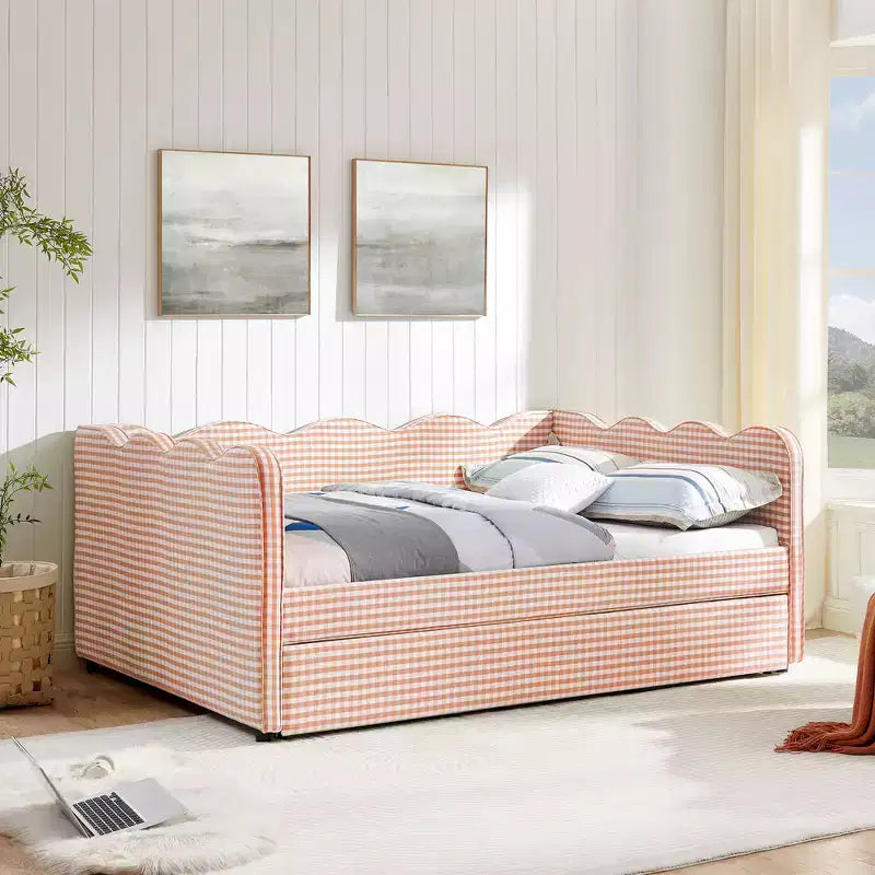 Lit de repos double avec lit gigogne - Tissu en lin à carreaux, tête de lit ondulée et port de charge USB
