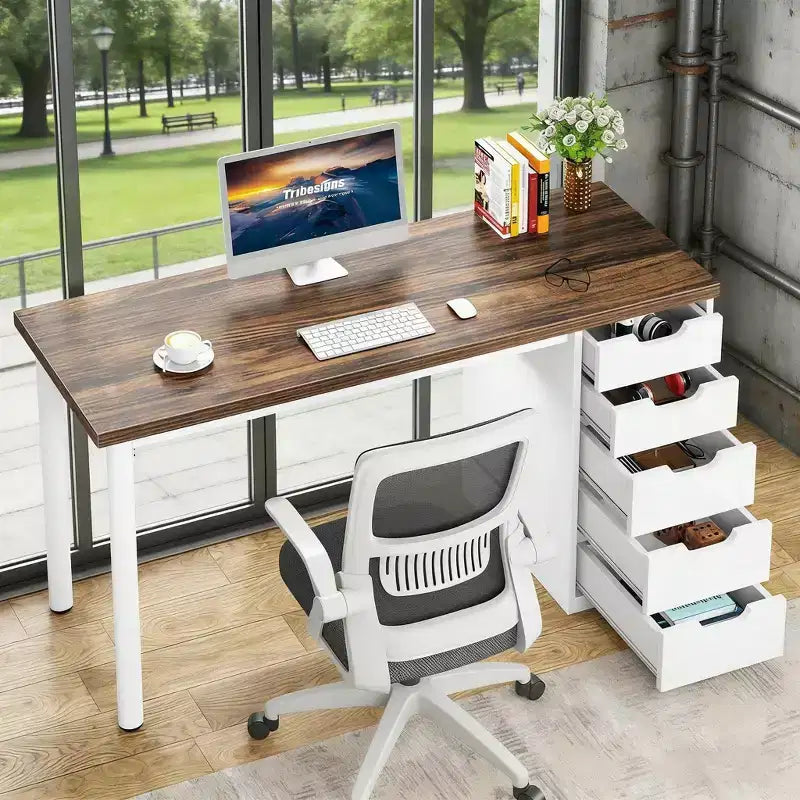 Bureau informatique avec 5 tiroirs, table d'étude moderne