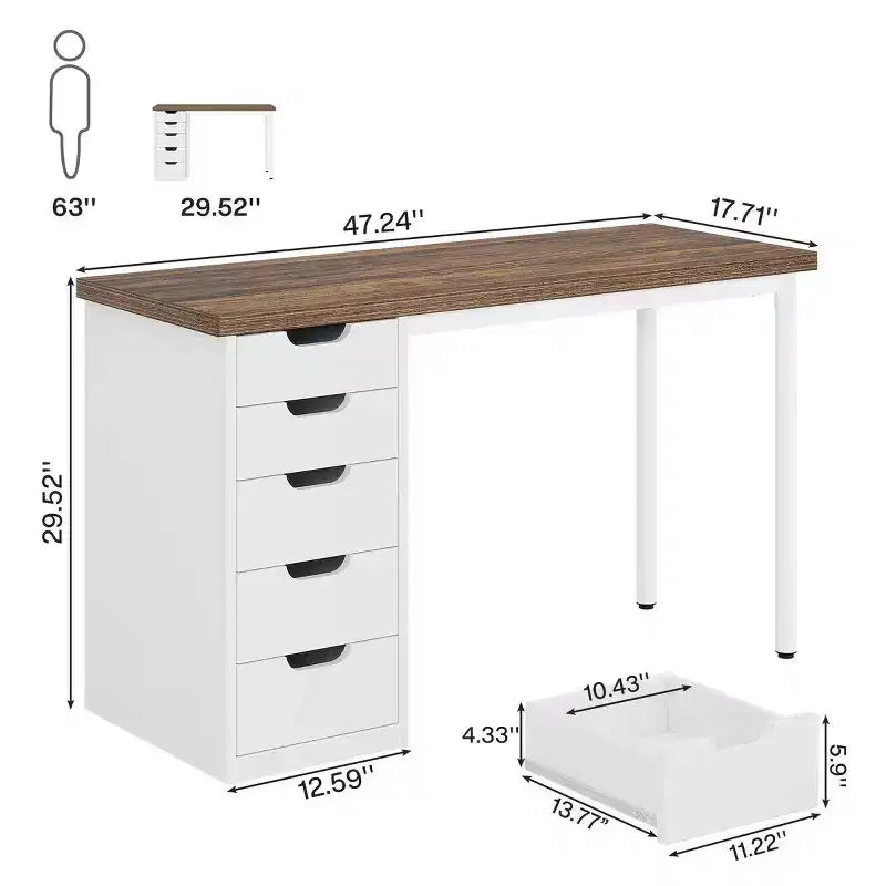 Bureau informatique avec 5 tiroirs, table d'étude moderne