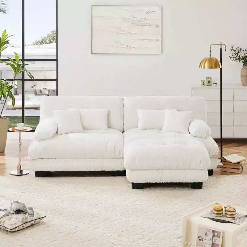 MAYEERTY Cloud Sectional Sofa with 2 Seater 2 Lumbar Pillows 2 Throw Pillows Upholstered Wide Arm Convertible Ottoman for Living Room White