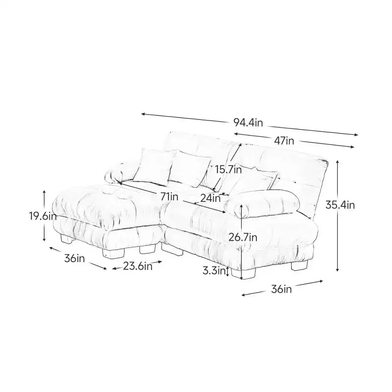Canapé d'angle Cloud avec 2 places, 2 coussins lombaires, 2 coussins décoratifs, accoudoirs larges rembourrés, pouf convertible pour salon, blanc