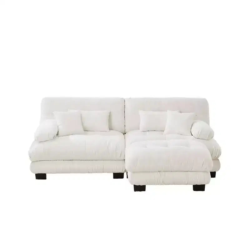 Canapé d'angle Cloud avec 2 places, 2 coussins lombaires, 2 coussins décoratifs, accoudoirs larges rembourrés, pouf convertible pour salon, blanc