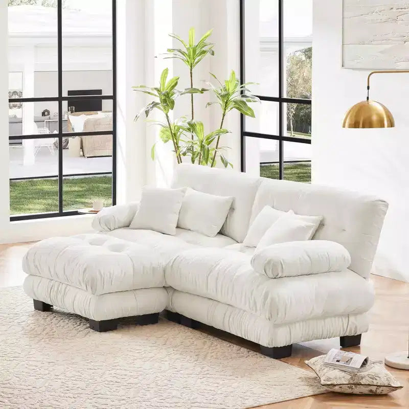 Canapé d'angle Cloud avec 2 places, 2 coussins lombaires, 2 coussins décoratifs, accoudoirs larges rembourrés, pouf convertible pour salon, blanc