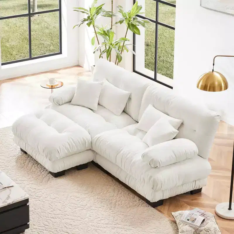 Canapé d'angle Cloud avec 2 places, 2 coussins lombaires, 2 coussins décoratifs, accoudoirs larges rembourrés, pouf convertible pour salon, blanc