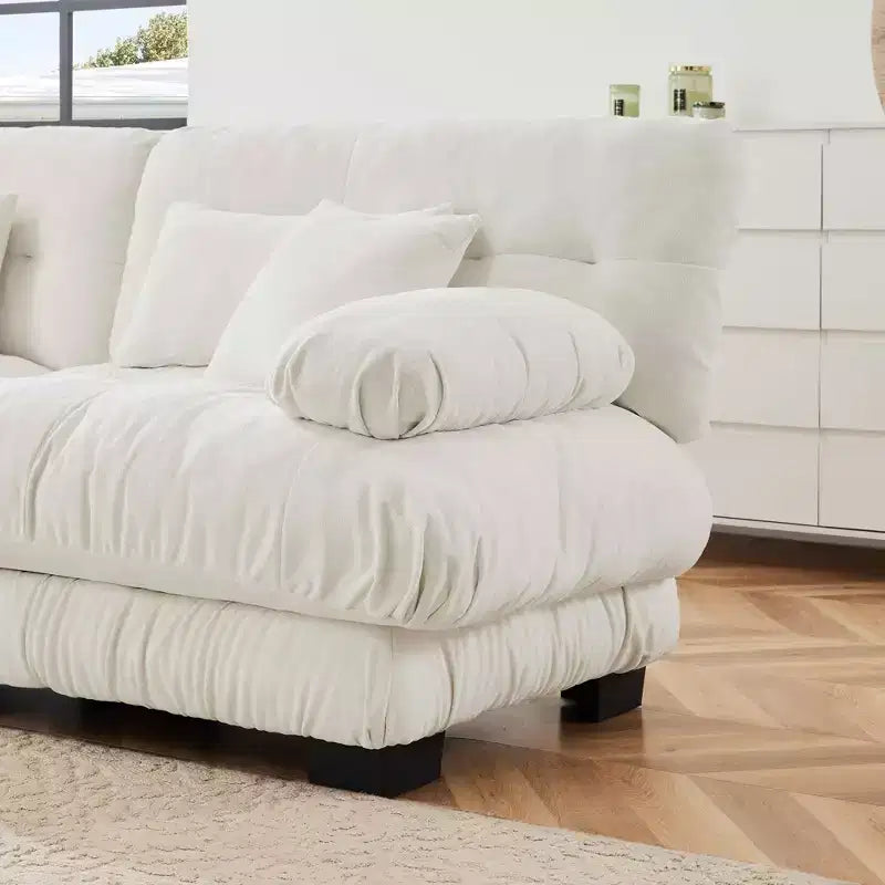 Canapé d'angle Cloud avec 2 places, 2 coussins lombaires, 2 coussins décoratifs, accoudoirs larges rembourrés, pouf convertible pour salon, blanc