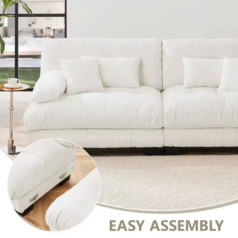 Canapé d'angle Cloud avec 2 places, 2 coussins lombaires, 2 coussins décoratifs, accoudoirs larges rembourrés, pouf convertible pour salon, blanc