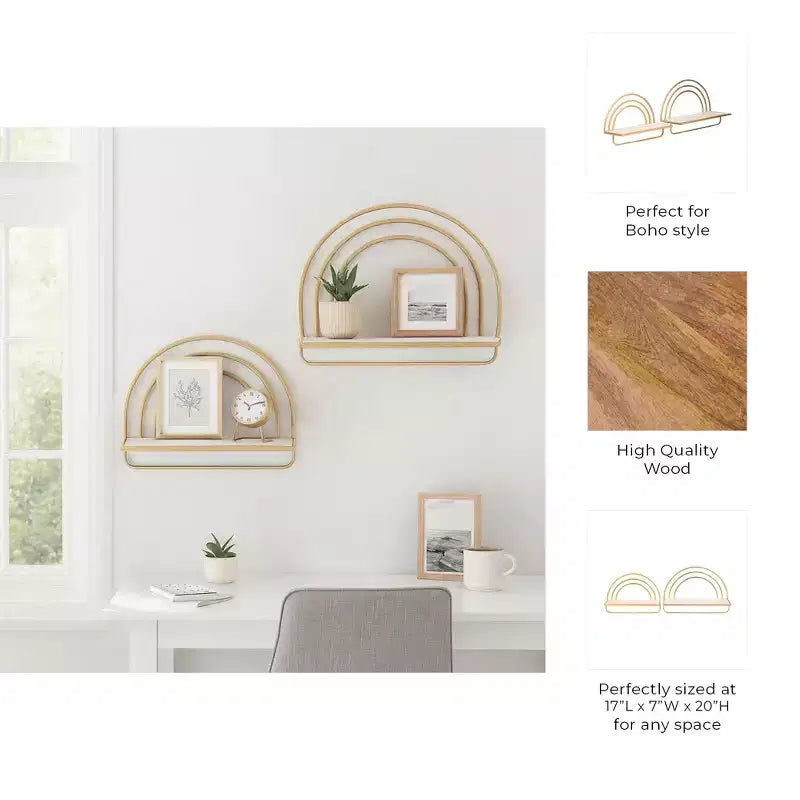 Étagère Murale Style Arc-en-ciel - Organisateur de Rangement Moderne en Bois et Métal pour la Décoration Intérieure - Lot de 2, 20, 16
