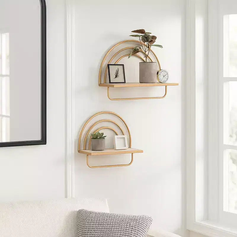 Étagère Murale Style Arc-en-ciel - Organisateur de Rangement Moderne en Bois et Métal pour la Décoration Intérieure - Lot de 2, 20, 16