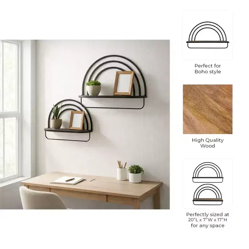 Étagère Murale Style Arc-en-ciel - Organisateur de Rangement Moderne en Bois et Métal pour la Décoration Intérieure - Lot de 2, 20, 16