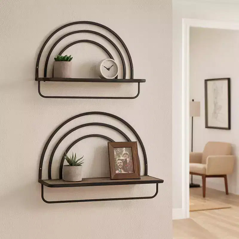 Rainbow Style Wall Mounted Shelf - Modern Hanging Wood and Metal Frame Storage Organizer for Home Decor - Set of 2, 20, 16