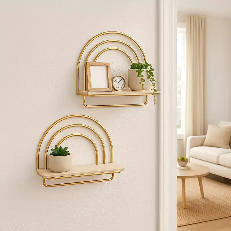 Étagère Murale Style Arc-en-ciel - Organisateur de Rangement Moderne en Bois et Métal pour la Décoration Intérieure - Lot de 2, 20, 16